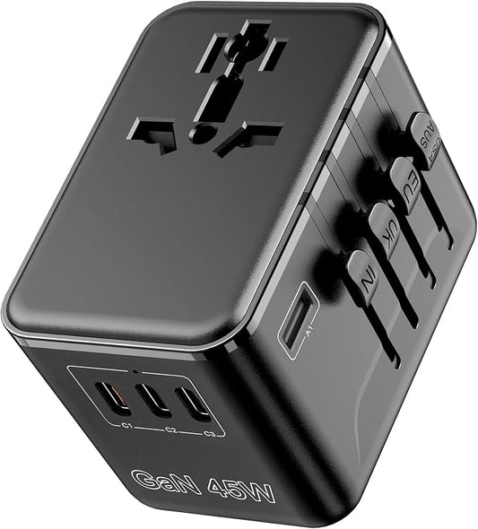 Universal Travel Adapter, 45W International Power Adaptor Type D/G/C/I/A | Fuse Auto-Resetting, GaN Fast Charging, All in One Plug Adapter, Portable Travel Essentials