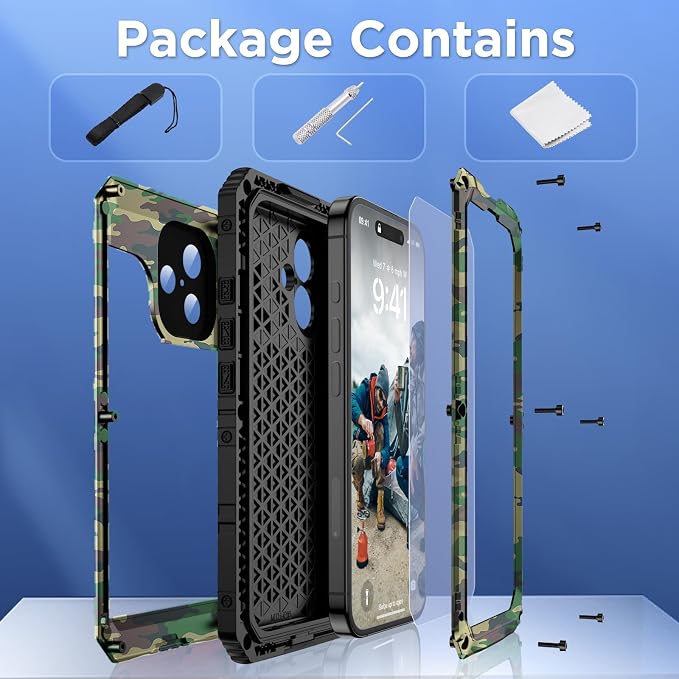 Mitywah Waterproof Case for iPhone 16, Shockproof Heavy Duty Case with Built-in Screen Protector, Underwater Full Body Protective Metal Case 6.1 inch, Camouflage