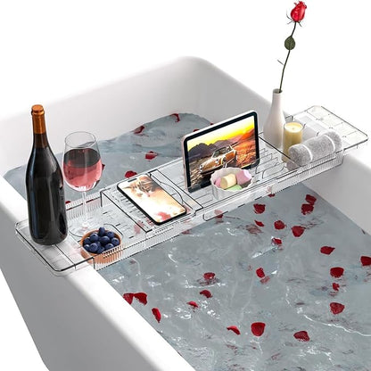 Expandable Bathtub Trays for Tub,Acrylic Bath Shelf Over Tub,with Non-Slip Design iPad Holder for Books Phone，Suitable for Bathtubs with an Internal Width of up to 28 Inch