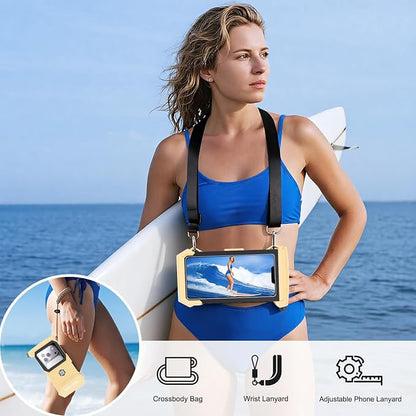 Underwater Phone Case for Snorkeling & Diving (50ft/15m), IP68 Waterproof Case for Swimming, Universal Underwater Touch Screen Case Compatible with iPhone (Yellow + Black, 5th Generation Phone Case)