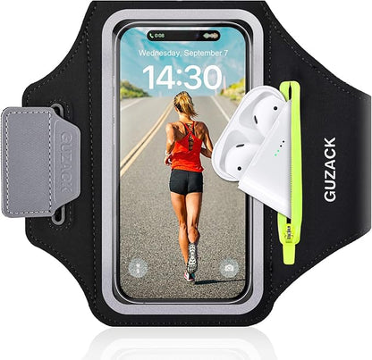 GUZACK Running Armband for iPhone 17 16 15 14 13 Pro Max, Galaxy S25 S24 S23 S22, with Card Slot & Key Pockets, Running Phone Holder, Fit Up to 6.9 Inches Phone - Size S (Smaller Arm 9-14 in)