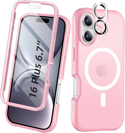 Compatible with iPhone 16 Plus Case, Built-in Screen Protector, with Camera Lens Protector, [Compatible with MagSafe] Matte Back Full Body Phone Case, Protective Cover for 16 Plus 6.7" (Pink)