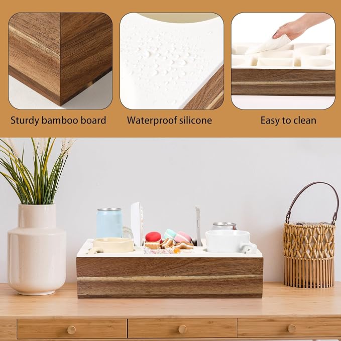 Yerliker Couch Cup Holder Tray, Silicone Lining Couch Caddy Waterproof Anti-spill Sofa Cup Holder for Bed Car Seat Organizer, Hold Mugs, Drinks, Snacks, Phones, Remotes(Rectangle,White,Acacia)