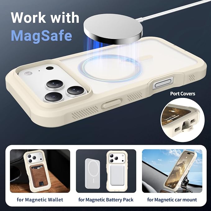 jaroco Magnetic for iPhone 17 Pro Max Case, [Compatible with MagSafe][Military Grade Drop Protection][Heavy Duty Protection][Non-Slip][Shockproof] 2-Layer Durable Bumper Phone Case 6.9''-Antique White
