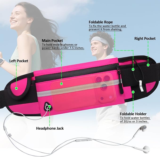 Running Belt with Water Bottle Holder, Plus Size Designer Waterproof Fanny Pack for Women Girls Kids iPhone Cell Phone Pouch, Waist Bag for Hiking,Runner,GYM,Workout,Sport Bum Hip Bags Pink