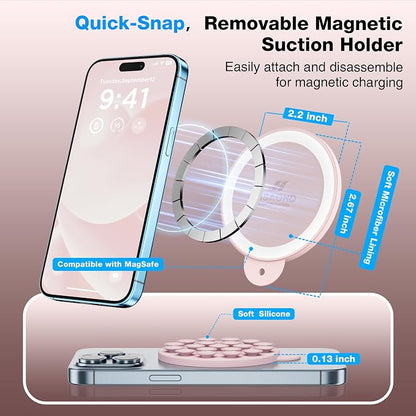 Magnetic Suction Cup Phone Mount, Compatible with MagSafe, Silicone Octo Cup Buddy Sticky Grip Holder for iPhone and Android, Removable Hands-Free Selfie/Video for TikTok, Lovely Pink
