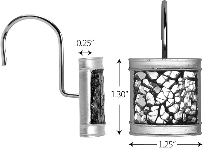 Creative Scents Crackled Glass Silver Shower Curtain Hooks Decorative - Set of 12 Shower Curtain Rings for Bathroom Shower Rod - Elegant Crackled Glass Shower Curtain Hooks