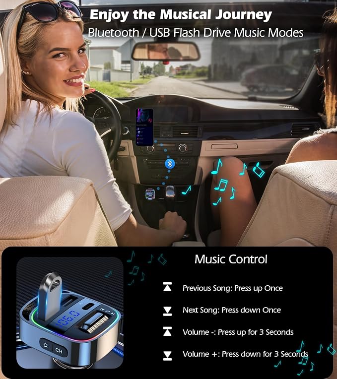 LIHAN Bluetooth 5.4 Car Adapter for Older Cars, 54W PD Fast Charging FM Transmitter, Handsfree Call, Crystal Clear GPS & Music Receiver, Supports USB Drive .wav .flac, Compatible with iPhone & Trucks
