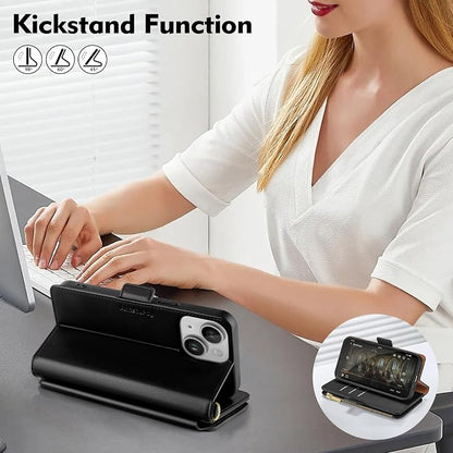 Antsturdy Compatible with iPhone 14 Wallet Case RFID Blocking,PU Leather Phone Case Women Men Flip Shockproof Cover with Wrist Strap Zipper Pocket Credit Card Holder Slots,for Apple 14 6.1" Black