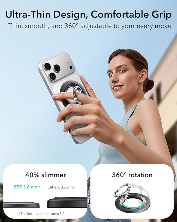 ESR for MagSafe Phone Grip, Dual-Side Magnetic Phone Grip,360° Adjustable Thin Magnetic Ring Holder Stand,for iPhone 17e/17-12, Samsung, All Phones, MagSafe Accessories (2 Metal Rings Included)
