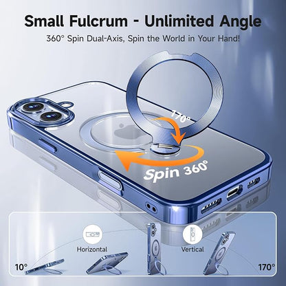 [Tri-Shield Protection] for iPhone 17 Case with 360° Spin Stand Compatible with MagSafe [Magnetic CD Ring] [Screen & Camera Lens Protector] Shockproof Plating Never-Yellowing, Blue-6.3"