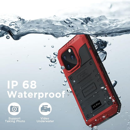 Mitywah Waterproof Case for iPhone 14 Pro, Heavy Duty Shockproof Case with Built-in Screen Protector, Full Body Underwater Protective Metal Case 6.1 inch, Red