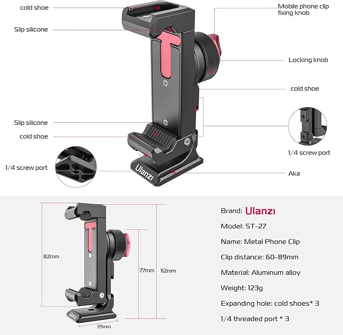 Metal Phone Tripod Mount 3 Cold Shoes & Arca Port, 360° Smartphone Tripod Adapter for iPhone 17 16 15 Cell Phone Stand Holder for Desktop Video Live Streaming Vlogging Rig