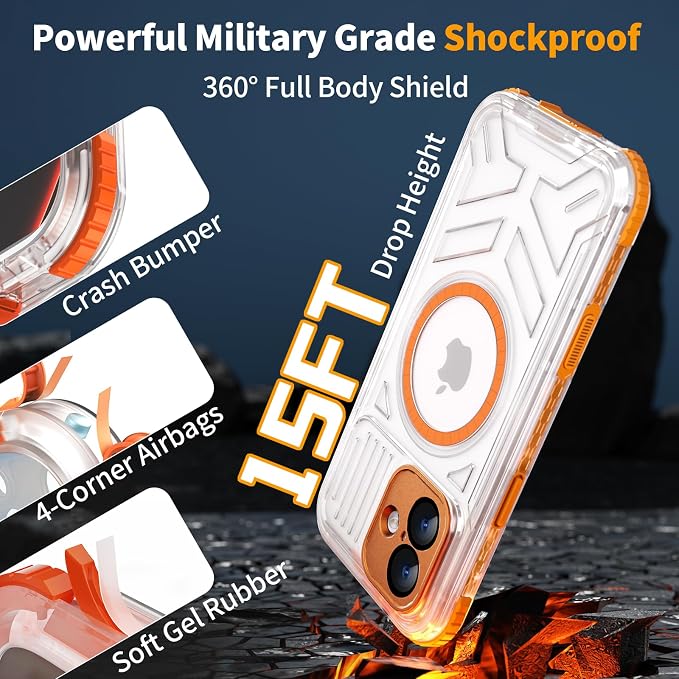 for iPhone 16 Waterproof Case, Compatible with MagSafe, IP68 Built-in Camera Control, Military Shockproof & Screen Protector for Water Sports, 6.1 Inch Frosted Orange