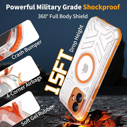 for iPhone 16 Waterproof Case, Compatible with MagSafe, IP68 Built-in Camera Control, Military Shockproof & Screen Protector for Water Sports, 6.1 Inch Frosted Orange