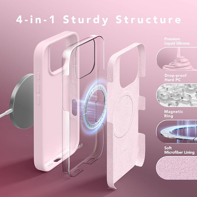 GONEZ Magnetic for iPhone 16 Pro Max Case, Compatible with MagSafe, Liquid Silicone Case, with Screen Protector + Camera Protector, Full Body Protective Shockproof Phone Cover 6.9", Pastel Pink