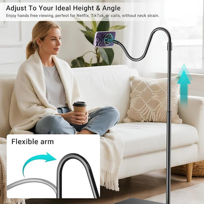 Magnetic Gooseneck Phone Holder for Bed Laying Down, Height Adjustable Bedside Floor Stand with Flexible Arm for iPhone Tiktok Scrolling, Headboard Phone Mount for Reading