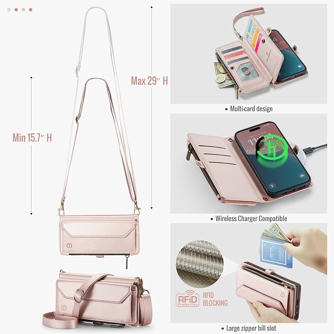 Strapurs Wallet Case Compatible with iPhone 16 Plus 6.7" RFID Blocking 10-Card Holder Soft PU Leather Magnetic Snap Shoulder Strap Zipper Pocket Phone Case Fit for iPhone 16 Plus - Rose Gold