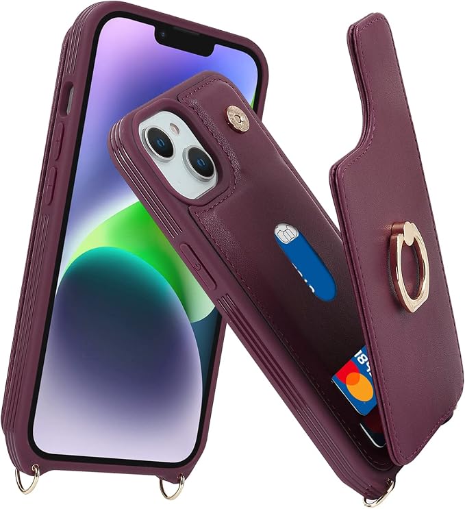 Lipvina for iPhone 14 Case with Card Holder and Strap for Women,Crossbody Lanyard,RFID Blocking,Stand Ring Kickstand,Snap Clasp,Phone Wallet Cases 6.1 inch(Wine Red)