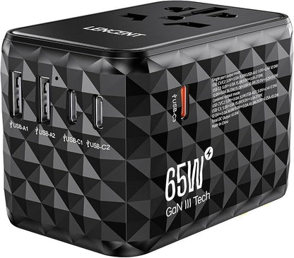 LENCENT 65W GaN International Travel Adapter with 2 USB-A & 3 Type C Ports | Fast Charger for Phones & Laptops, Worldwide Plug Adapter for USA/UK/EU/AUS, Black