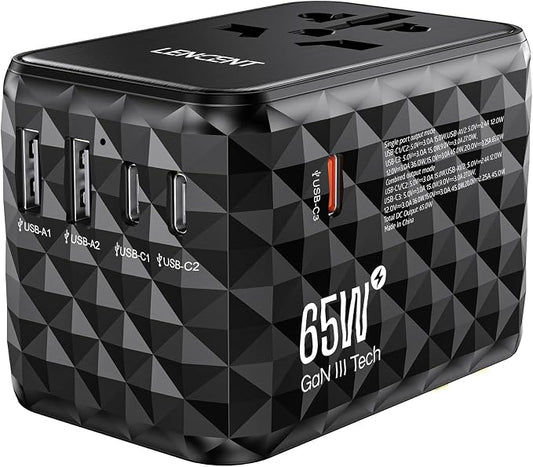 LENCENT 65W GaN International Travel Adapter with 2 USB-A & 3 Type C Ports | Fast Charger for Phones & Laptops, Worldwide Plug Adapter for USA/UK/EU/AUS, Black