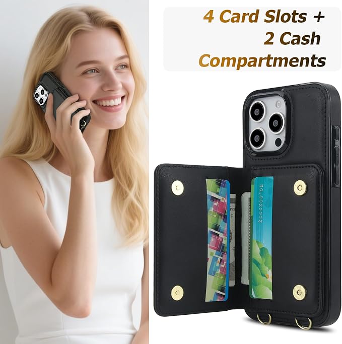 LOHASIC for iPhone 16 Pro Max Case Wallet with Detachable Crossbody Strap & Wrist Lanyard, RFID Blocking, 4 Card Slots 2 Cash Pockets, Vegan Leather Case with Card Holder for Women Girls, Black