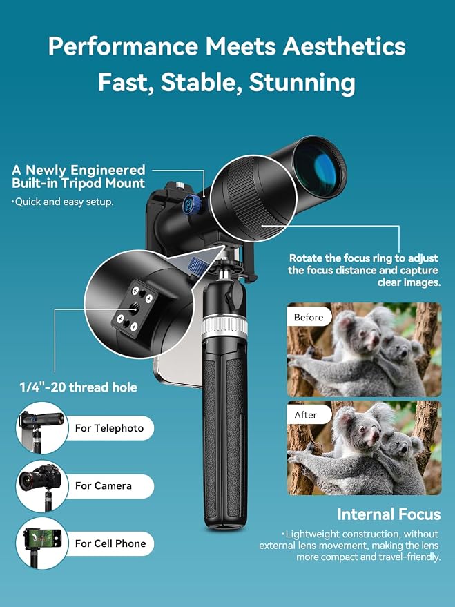 MIAO LAB 30X Telephoto Lens, High Power HD Telephoto Phone Lens with Adjustable Tripod and Universal Phone Clip, Phone Lens Attachment for iPhone 17/16/15/14/13 Series, Android and Most Smartphone