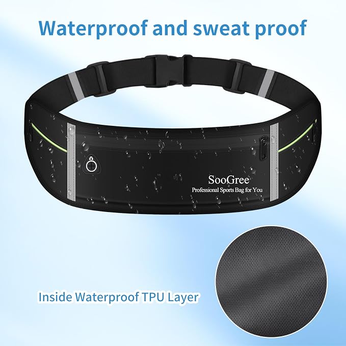 SooGree Slim Running Belt Sport Fanny Pack for Women Men,Reflective Waist Pack Runner Pouch Belt, Zipper Waterproof Running Phone Holder Jogging Pouch for Phone Money (GSP8806 Black)