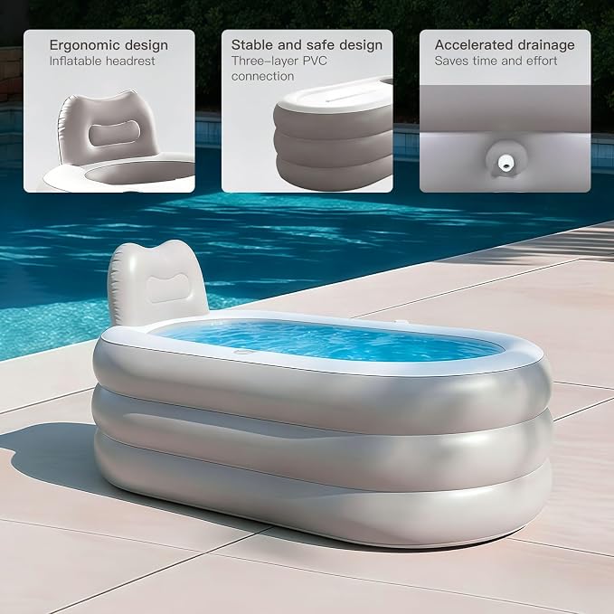 Inflatable Bathtub with Electric Air Pump and Bath Pillow - Portable Bathtub with Zippered Lid and Cup Holder Suitable for Indoor and Outdoor Use