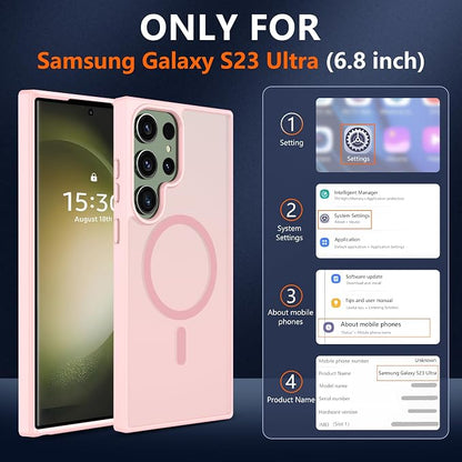 For Samsung Galaxy S23 Ultra Case [Compatible with Magsafe] Translucent Matte Magnetic S23 Ultra Phone Case,SlimThin Duty Shockproof Protection Cover with 2pc HD Screen Protector for S23 Ultra-Pink