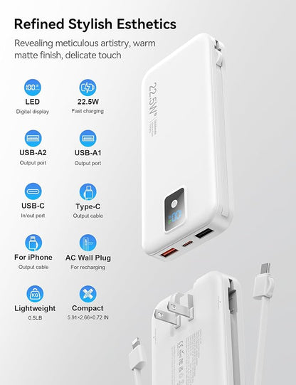 Portable Charger, 12000mAh 22.5W Fast Charging Power Bank with Built-in Cables & Wall Plug, Travel Essentials Battery Pack with LED Display, USB C External Battery Bank for iPhone iPad, Samsung White