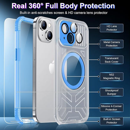 Temdan Magnetic for iPhone 15 Case Waterproof,[Built-in Screen & Camera Protector][Full Body Shockproof][IP68 Underwater][Dustproof] Shockproof Phone Case for iPhone 15 6.1"-Blue