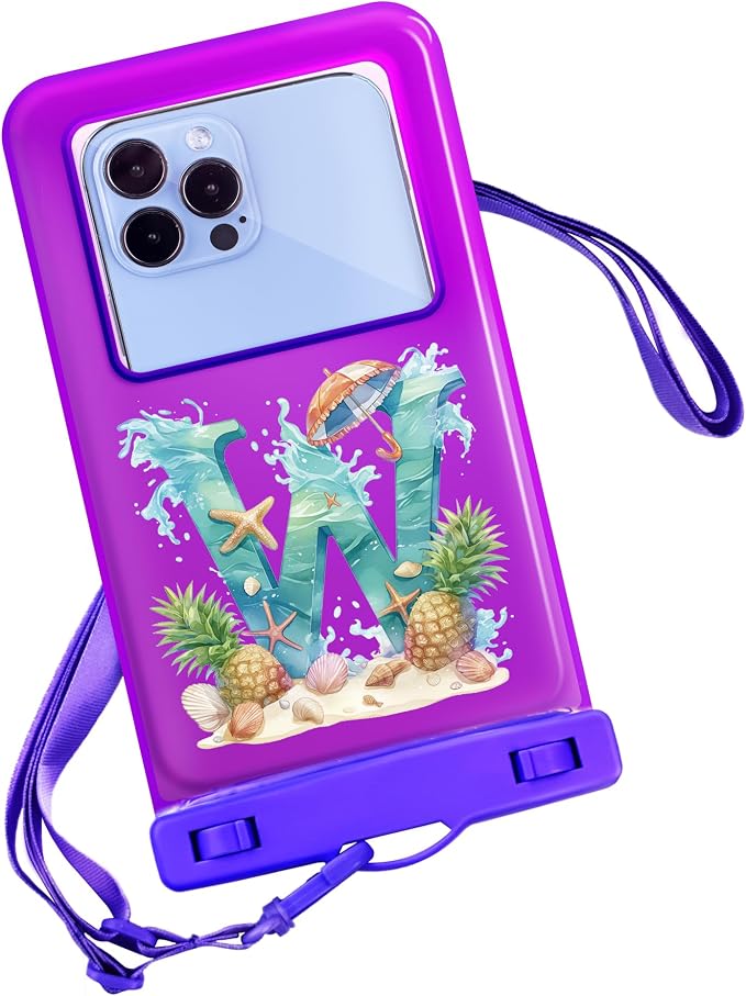 Personalized Initial Waterproof Phone Pouch Case - IPX8 Cellphone Dry Bag with Lanyard for iPhone 16/15/14/13/12 Pro Max (6.1–6.9"), Beach & Cruise Ship Essentials with Monogrammed Design (Purple, W)