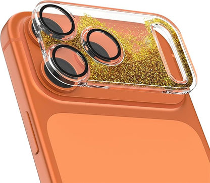 HANKN Quicksand Lens for iPhone 17 Pro Max Camera Lens Tempered Glass Protector, Ultra HD Clear 9H Hardness Anti-Scrach Dynamic Liquid Glitter Sand Cute Cover Strong Adsorption Case Friendly, Gold
