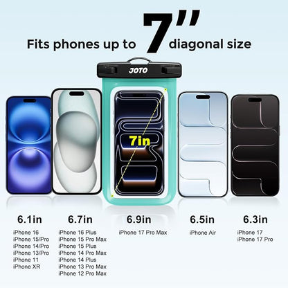 JOTO 2 Pack Universal Waterproof Phone Case for iPhone 17 Air 16 15 14 13 12 11 Plus Pro Max, IPX8 Cellphone Dry Bag XR X SE, Galaxy S23 S22 S21 S20+ S20 S10 Plus Note, Pixel up to 7" -Black/Green