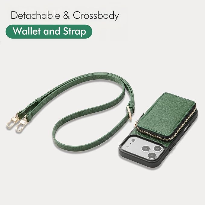 ZVE for iPhone 17 Pro Max Wallet Case Crossbody, Zipper Purse with Card Holder Wrist Strap for Women 6.9" Dark Green