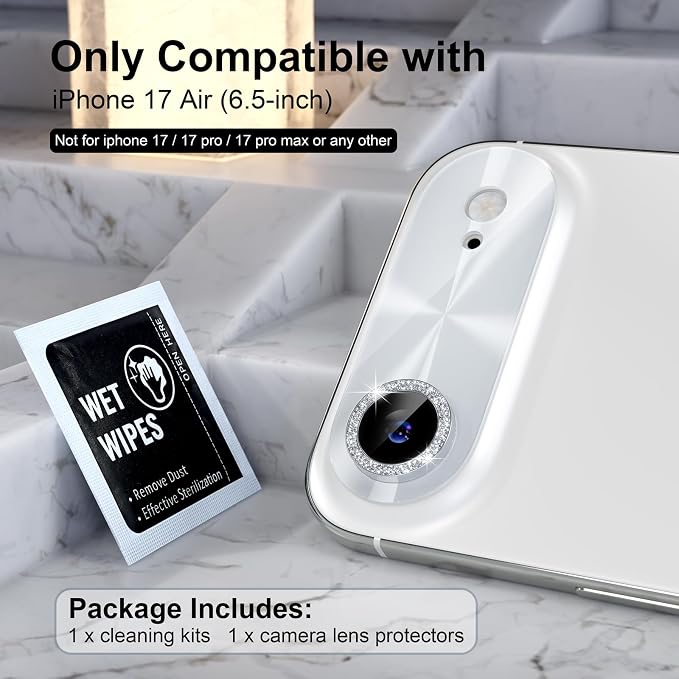 Choiche Compatible for iPhone 17 Air Camera Lens Protector, Bling Camera Cover with 9H Tempered Glass Lens Screen Protector Metal Ring Decoration Accessories 6.5-inch (Light-Silver)