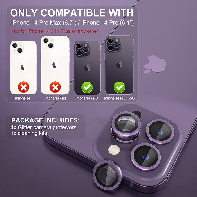Choiche Compatible for iPhone 14 Pro/iPhone 14 Pro Max Camera Lens Protector, 9H Tempered Glass Camera Cover Screen Protector Metal Ring Decoration Accessories (Purple)