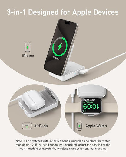 Anker MagGo 3 in 1 iPhone 17 Charging Station, MagSafe-Compatible Wireless Charger Stand, Qi2 Certified 15W Foldable Charger for iPhone 17/16/15/14/13/12, AirPods, Apple Watch Ultra(Adapter Included)
