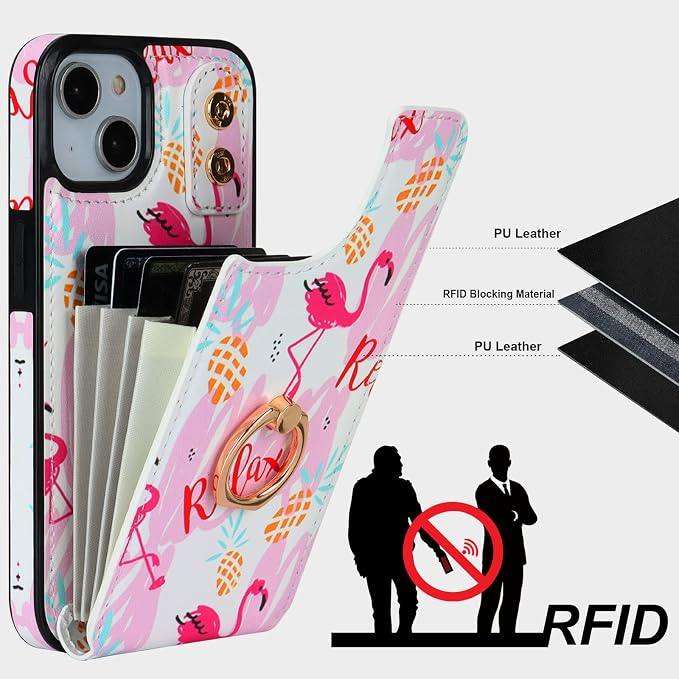 HAOPINSH for iPhone 13/ iPhone 14 Wallet Case with Card Holder, 360°Rotation Ring Kickstand, Pink Flamingo Pattern, RFID Blocking Leather for Girls Women, Double Buttons Flip Protective Cover 6.1"