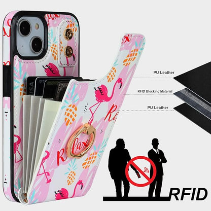 HAOPINSH for iPhone 13/ iPhone 14 Wallet Case with Card Holder, 360°Rotation Ring Kickstand, Pink Flamingo Pattern, RFID Blocking Leather for Girls Women, Double Buttons Flip Protective Cover 6.1"