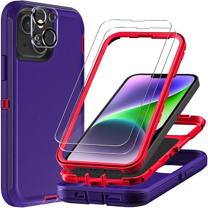 for iPhone 14 Plus Case with 2Pcs Tempered Glass Screen Protector and 1Pcs Camera Lens Protector, Military Grade 3 in 1 Heavy Duty Shockproof/Drop Proof/Dust Proof Case (Purple/Pink)