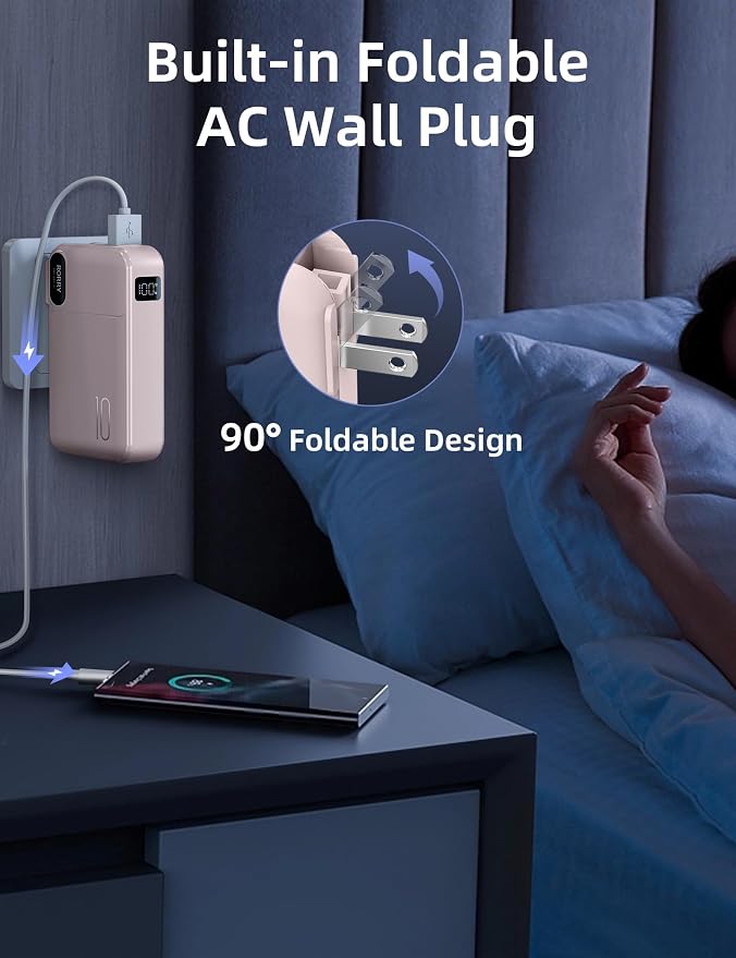 RORRY Portable Charger w/Wall Plug 10000mAh Power Bank 22.5W Battery Pack | Built in Cables, Fast Charging, for iPhone, iPad, Samsung Galaxy, Pixel, LG, Travel Essential, Digital Display, Pocket Size