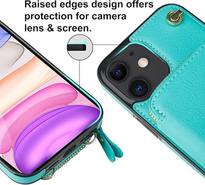 Bocasal Crossbody Wallet Case for iPhone 11, RFID Blocking Leather Purse Case with Card Holder, Protective Handbag Flip Cover with Zipper Wrist Strap Lanyard for Women 6.1 Inch (Mint Green)