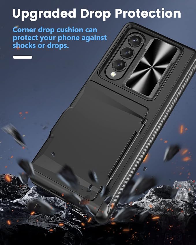 Viaotaily for Galaxy Z Fold 4 Case with Card Holder & Hinge Protection & Slide Camera Lens Cover & Screen Protector, Durable Sturdy Phone Case for Galaxy Z Fold 4 5G 2022 (Black)