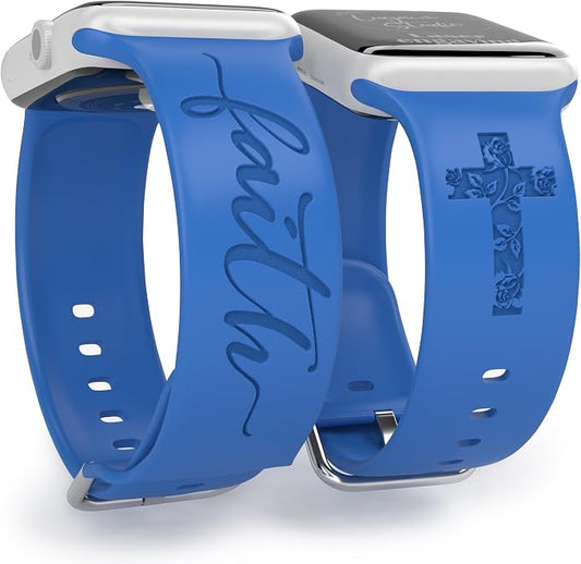 Faith with Cross Watch Band Compatible with Apple Watch Laser Engraved Silicone 38mm 40mm 41mm 42mm 44mm 45mm 46mm 49mm Strap Jesus Psalm Christian God Blessed (Sapphire Blue, 42/44/45/46/49mm M/L)