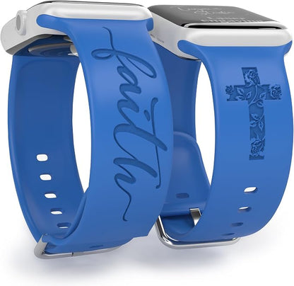 Faith with Cross Watch Band Compatible with Apple Watch Laser Engraved Silicone 38mm 40mm 41mm 42mm 44mm 45mm 46mm 49mm Strap Jesus Psalm Christian God Blessed (Sapphire Blue, 38/40/41mm S/M)