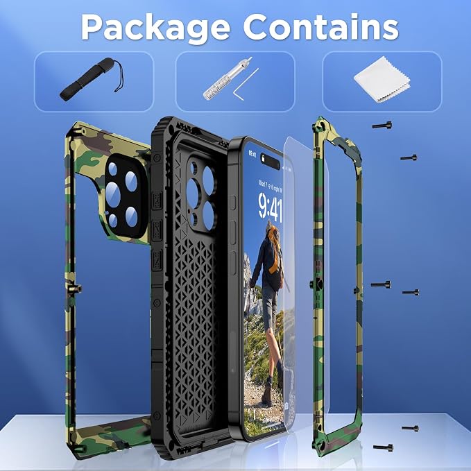 Mitywah Waterproof Case for iPhone 16 Pro Max, Heavy Duty Metal Cover with Built-in Screen Protector, Military Grade Full Body Shockproof Rugged Protective Phone Case 6.9 inch, Camouflage