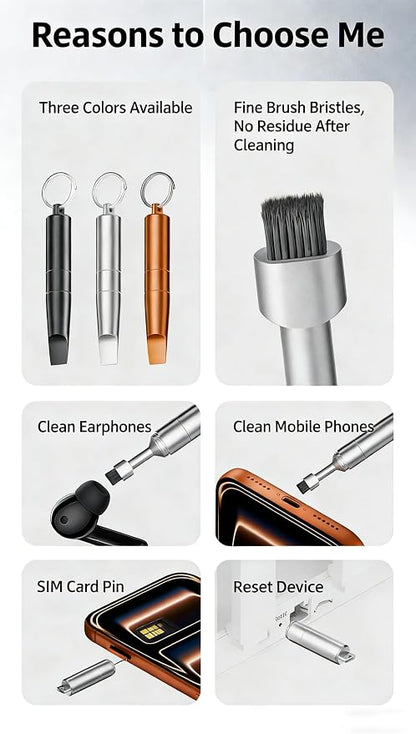 2PCs 3-in-1 Cleaning Brush Mobile Phone Card pin Keychain sim Battery Compartment Multi-Function Cleaning Brush handset Cleaning (Black+Silver)