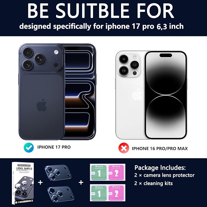 2 Pack Camera Lens Protector for iPhone 17 Pro,Metal AR Tempered Glass Rear Camera Screen Cover,Anti-Scratch,Strong Adsorption,Case Friendly, Easy to Install-Inky blue
